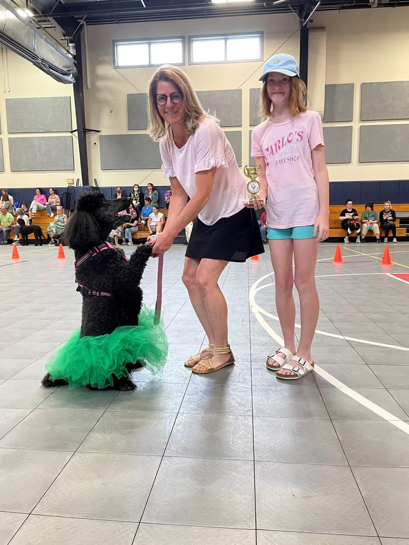Woman and child posing with a dressed-up poodle holding a trophy.