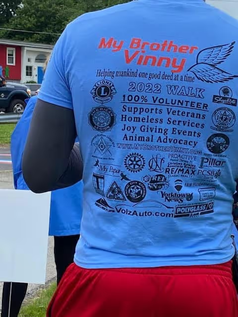 Back of a My Brother Vinny event T-shirt showing sponsors.